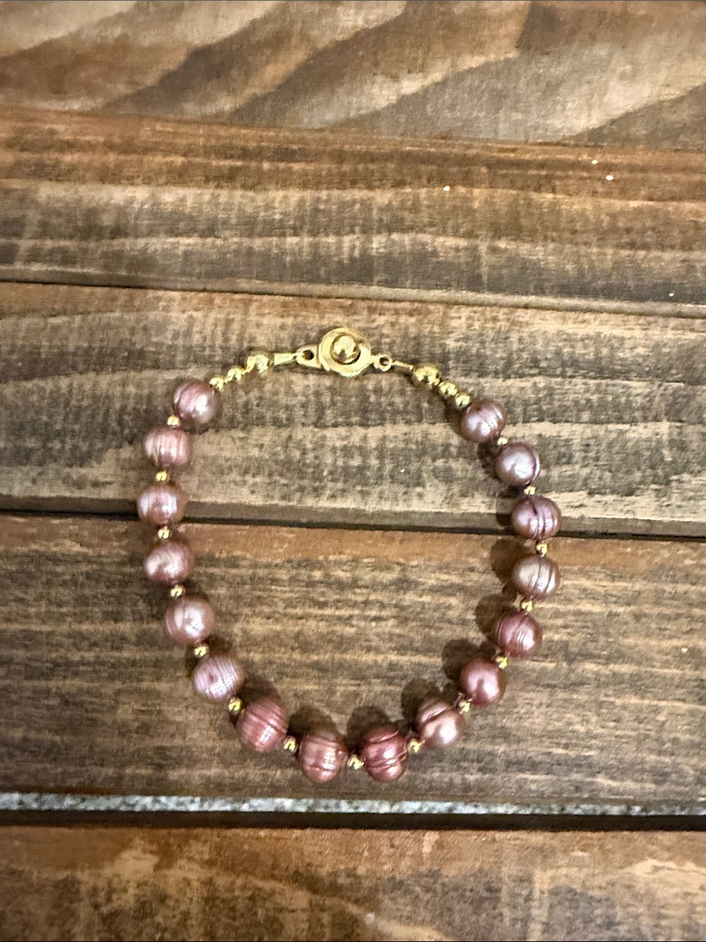 Vintage Mauve Pink Faux Pearl Beaded Bracelet Gold Tone